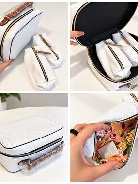 Estee Lauder White 3-Piece Cosmetic Bag Set Train Case + 2 Pouches New